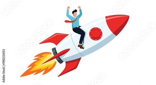 Professional businessman riding a rocket to signify rapid business growth and successful career development as vector