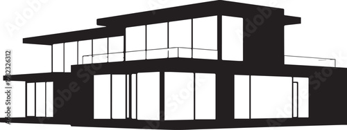 Contemporary architectural luxury residence with glass walls and cantilevered roof structure isolated on solid white background graphic