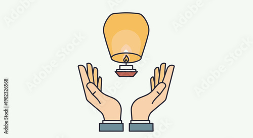 Two hands releasing a glowing sky lantern with a burning flame.