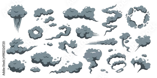 A collection of various cartoon style dark smoke clouds and dust explosions for animation design
