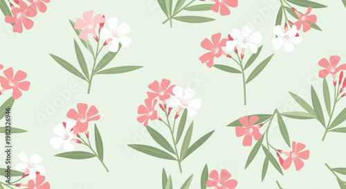 Seamless pattern with beautiful pink and white oleander flowers.