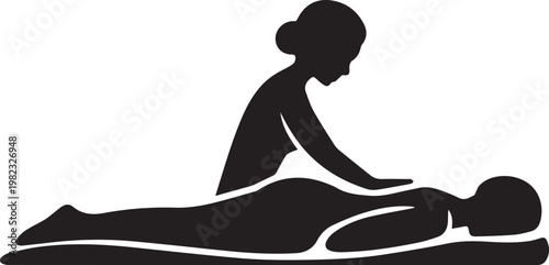 Professional spa therapist performing relaxing body massage on client back in serene wellness center environment black silhouette icon