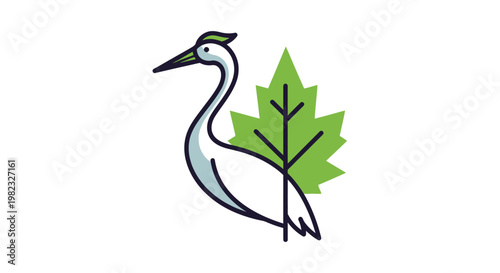 Minimalist vector icon featuring a crane bird combined with a green leaf design.