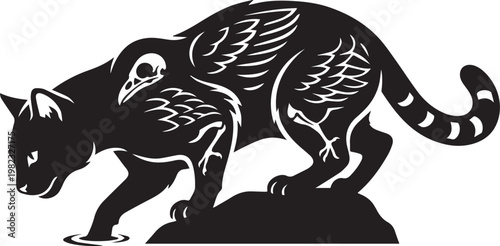 fishing cat silhouette hunting by river vector illustration flat design