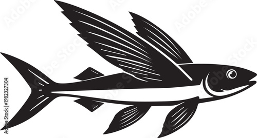 minimalist black and white flying fish silhouette over ocean waves vector illustration
