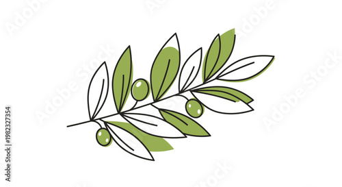 Minimalist hand drawn olive branch illustration with green leaves and olives.