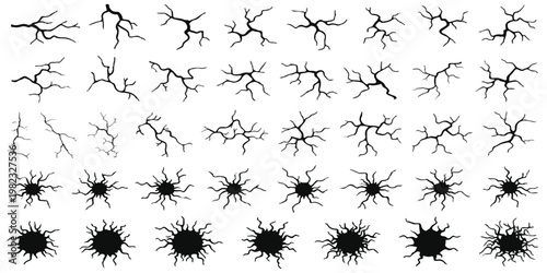 A collection of various black and white crack patterns arranged in a grid for graphic design use