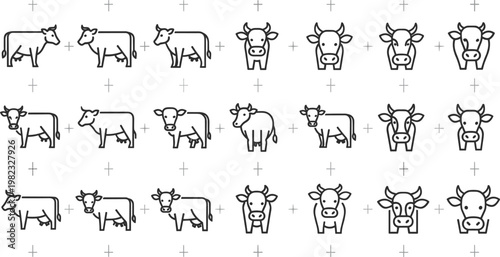 Minimalist Cow Illustration Icons Set Featuring Various Cow Designs for Websites, Apps, and Digital Media