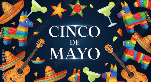 Vibrant cinco de mayo celebration with piatas and sombreros on dark background
