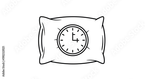 Minimalist vector illustration of a pillow featuring a clock graphic, symbolizing sleep time or a bedtime reminder.