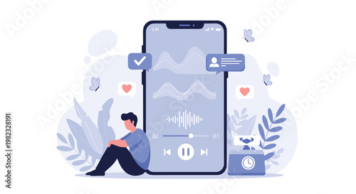 Young man sits on the floor leaning against a giant smartphone screen displaying calming audio waves and music playback.