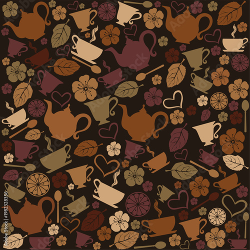 Black tea background. Seamless pattern with tea pots and tea cups.Good for textile fabric design, wrapping paper, website wallpapers, textile, wallpaper and apparel. Vector Illustration