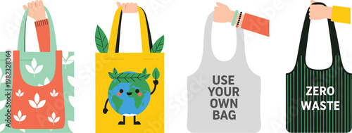 Reusable eco shopping bags set, zero waste lifestyle concept, sustainable tote designs, environmental protection vector illustration collection