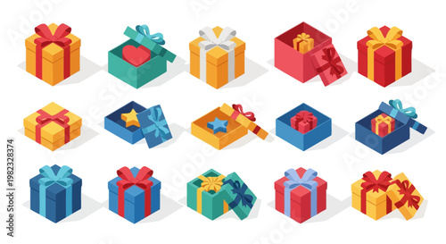 Colorful gift boxes collection isometric illustration with ribbons and bows