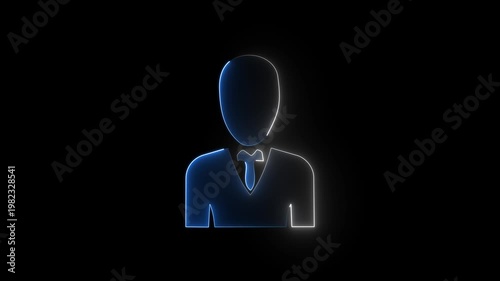 Neon male avatar icon glowing blue and white, businessman profile symbol.