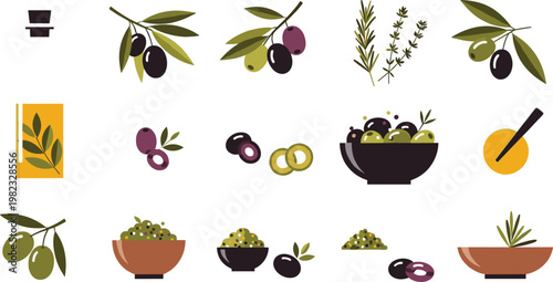 Olive and Olive Oil Illustration Set with Green Olives, Oil Bottles, and Healthy Mediterranean Dishes for Food and Culinary Concepts