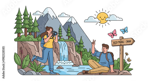 Young couple enjoys scenic hiking adventure near beautiful waterfall and majestic mountains along marked ecological nature trail path.