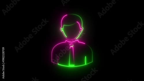 Neon businessman avatar icon in pink and green glow, abstract male profile symbol for digital identity.