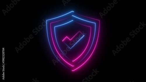 Neon shield with checkmark in pink and blue glow, secure protection and verification symbol.