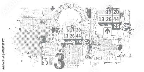 Abstract composition featuring mixed media elements with numbered grids and intricate ink sketches