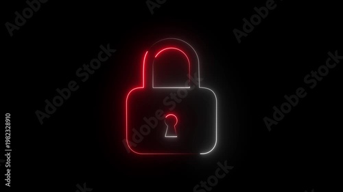 Neon padlock icon in red and white glow, secure lock symbol for privacy and data protection.