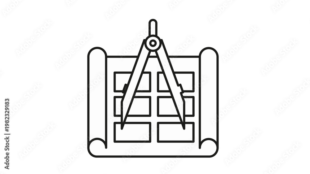Obraz premium Blueprint with Drawing Compass Vector Icon Illustration: Architectural Design, Engineering Plan, and Construction Project Concept Symbol for Professional Drafting and Technical Drawing