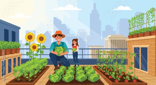 Man and young girl harvest fresh vegetables in sustainable urban rooftop garden with modern city skyline background.
