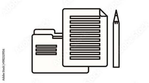 Minimalist black line art vector icon illustration featuring a file folder, a document with text lines, and a sharp pencil, representing office management, documentation, writing, and editing.