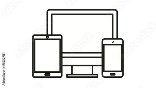 Black vector icon illustration of multiple electronic devices including a desktop computer monitor, a portable tablet, and a mobile smartphone, symbolizing responsive design and technology.