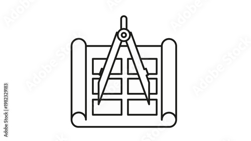 Blueprint with Drawing Compass Vector Icon Illustration: Architectural Design, Engineering Plan, and Construction Project Concept Symbol for Professional Drafting and Technical Drawing