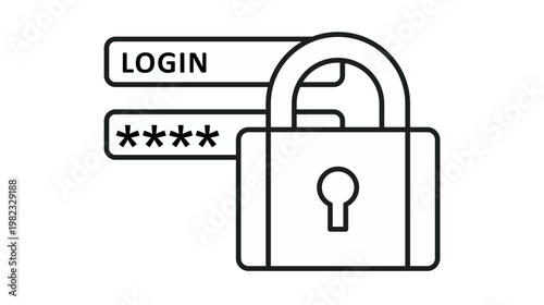 Black vector icon illustration of a secure login interface with a large padlock symbol, representing data privacy, cyber security, and user authentication for websites and mobile applications.