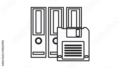 Black vector icon illustration of three office ring binders and a floppy disk, symbolizing document management, data storage, archiving, and backup in a clean minimalist line art style.