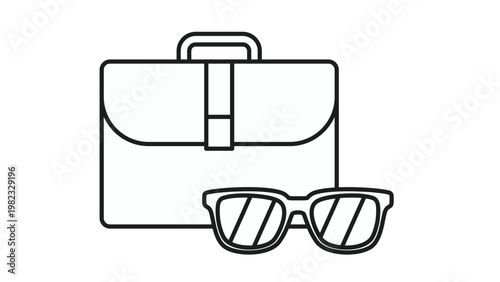 Minimalist black line art vector icon illustration of a professional briefcase and stylish sunglasses, representing business travel, vacation planning, professional lifestyle, and summer work.