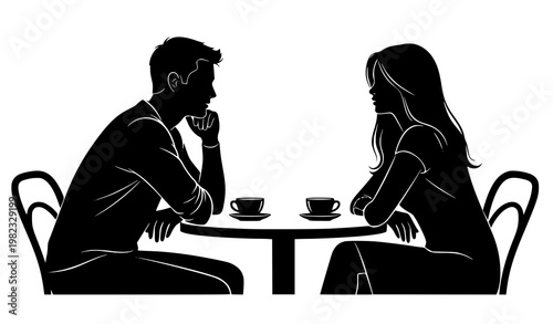 Romantic couple cafe date vector silhouette coffee conversation scene set
