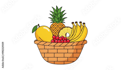 Wicker basket tropical fruits vector flat cartoon fresh food illustration