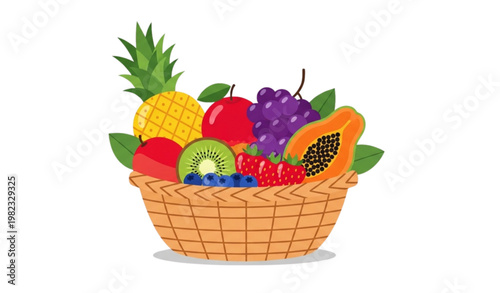 Fresh tropical fruit basket vector flat style food healthy illustration