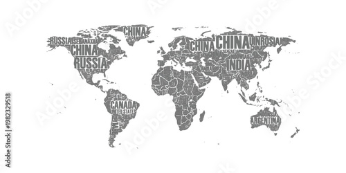 A stylized world map illustration featuring country names integrated into the landmass shapes