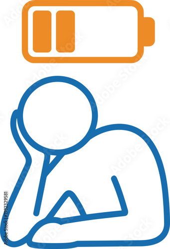 Blue outline of a tired person resting their head on a hand with an orange low battery symbol floating above their head on a white background