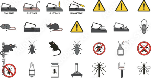 Pest Control Icon Set Featuring Snap, Glue, Humane Traps, Warning Signs, and Insect Control Tools for Home and Commercial Use