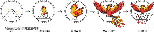 Phoenix Bird Life Cycle Icons Set Featuring Ash, Hatching, Growth, Maturity, and Rebirth for Websites, Apps, and Digital Media