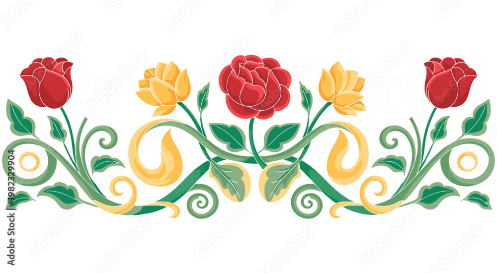 Fototapeta premium Symmetrical floral border featuring red roses and yellow tulips with swirling green vine stems and leaves isolated on a white background
