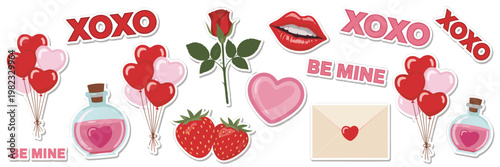 Valentine day sticker set featuring red rose heart balloons pink love potion bottles strawberries lips and a sealed envelope with text labels x o x o and b e m i n e on a white background