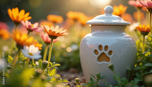 Pet memorial urn surrounded by colorful flowers in a serene garden setting. Pet urn with paw print design reflects love for pets, sentimental moment captured among vibrant blooms.