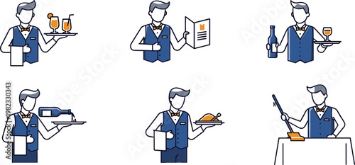 Waiter Service and Food Delivery Icons Set Featuring Drinks, Menus, and Food Serving for Websites, Apps, and Digital Media