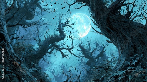 Creepy blue forest with gnarled tree trunks and full moon