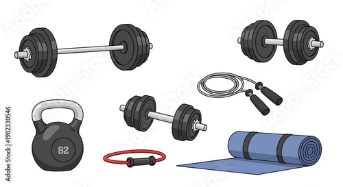 Fitness equipment set illustration barbell dumbbells kettlebell and mat