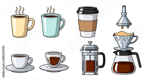Variety of coffee cups and brewing equipment vector illustration