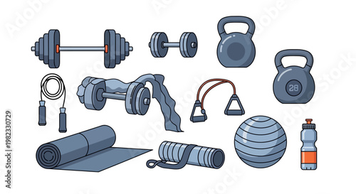 Gym equipment collection dumbbells kettlebells exercise tools illustration