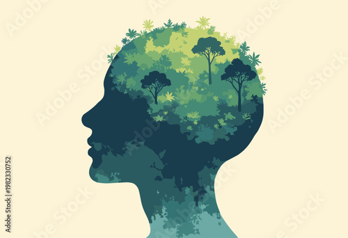 minimalist double exposure large human brain silhouette, filled lush, thriving, highly detailed green jungle ecosystem Mental growth concept High contrast against cream background No text