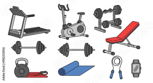 Fitness equipment set illustration treadmill exercise bike dumbbells weights bench